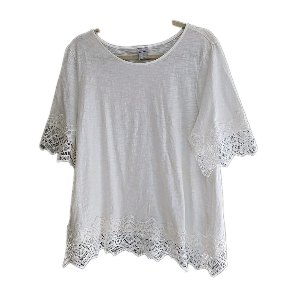 Chico's White Crew Neck Crochet Trim Lightweight Short Sleeve Top Womans Sz XL